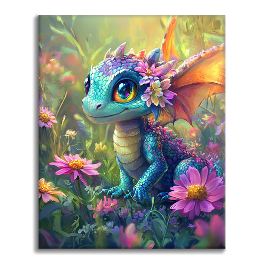 Dragón colorido en medio de flores - pintar por números