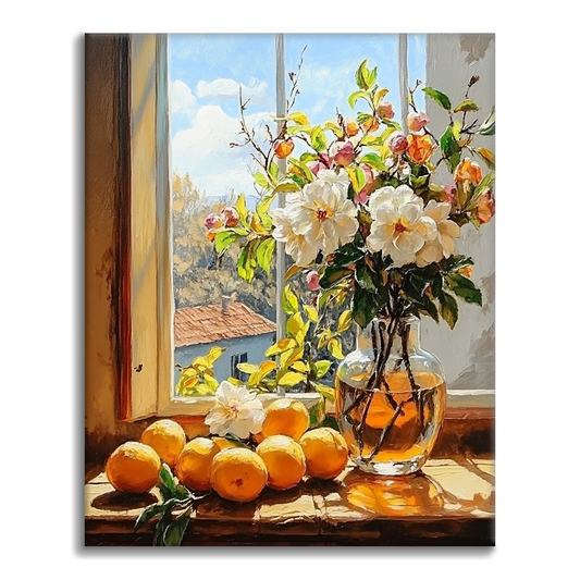 Frutas y flores en la ventana – pintar por números