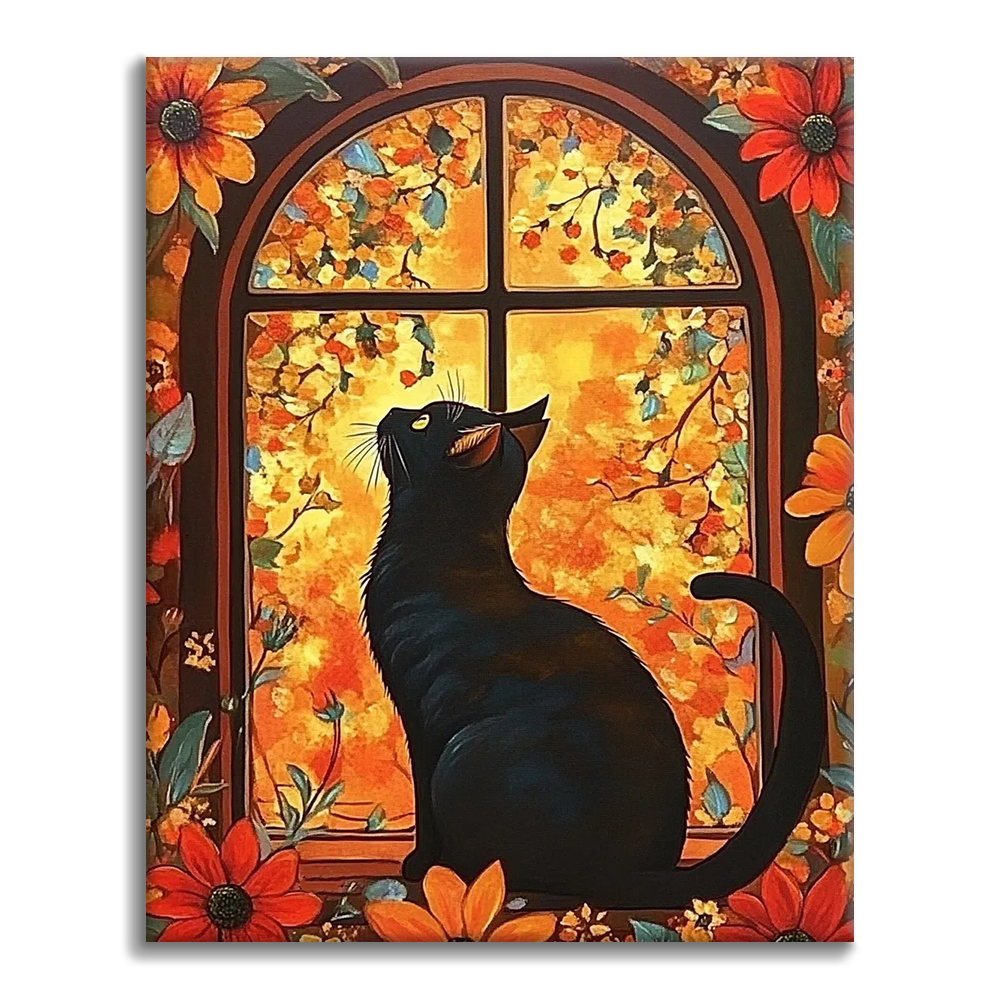 Gato delante de una ventana de flores – pintar por números