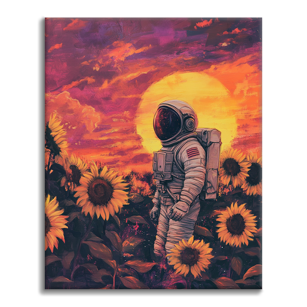 Astronaut in Sonnenblumenfeldern – Malen nach Zahlen