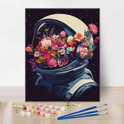 Blumengefüllter Weltraumhelm – Malen nach Zahlen