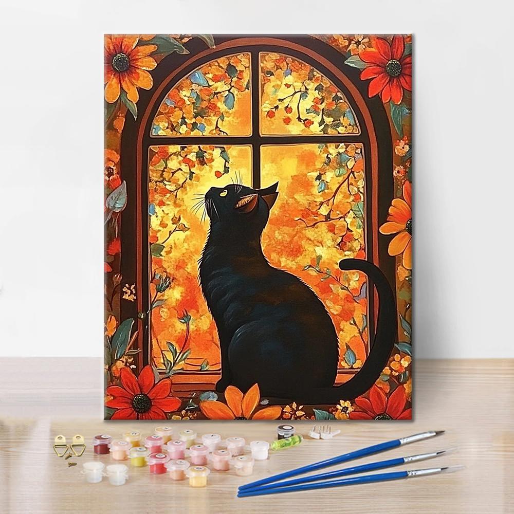 Gato delante de una ventana de flores – pintar por números