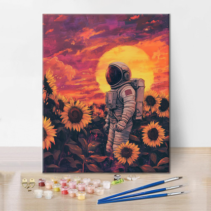 Astronaut in Sonnenblumenfeldern – Malen nach Zahlen